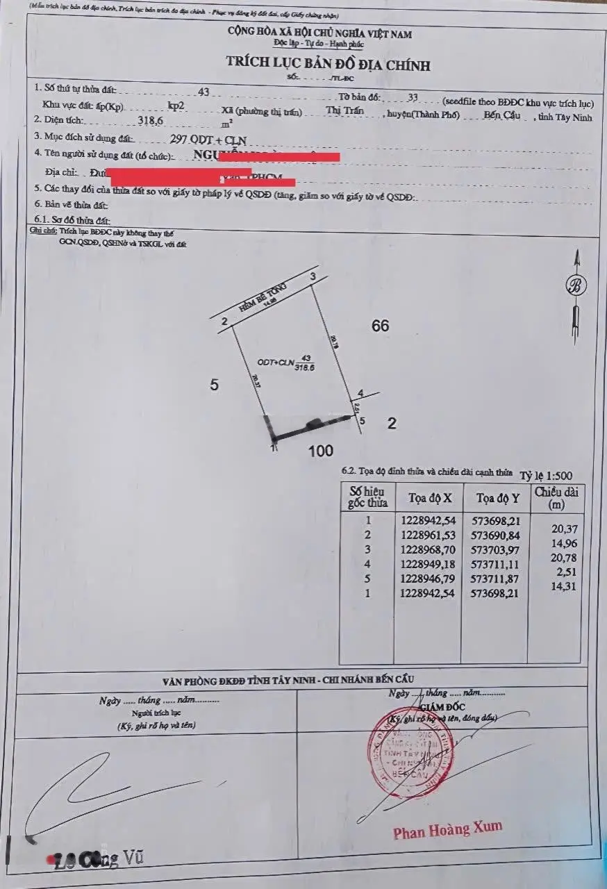 Cần bán đất ở thị trấn Bến Cầu gần UBND Bến Cầu, cách đường Bến Đình 100m
