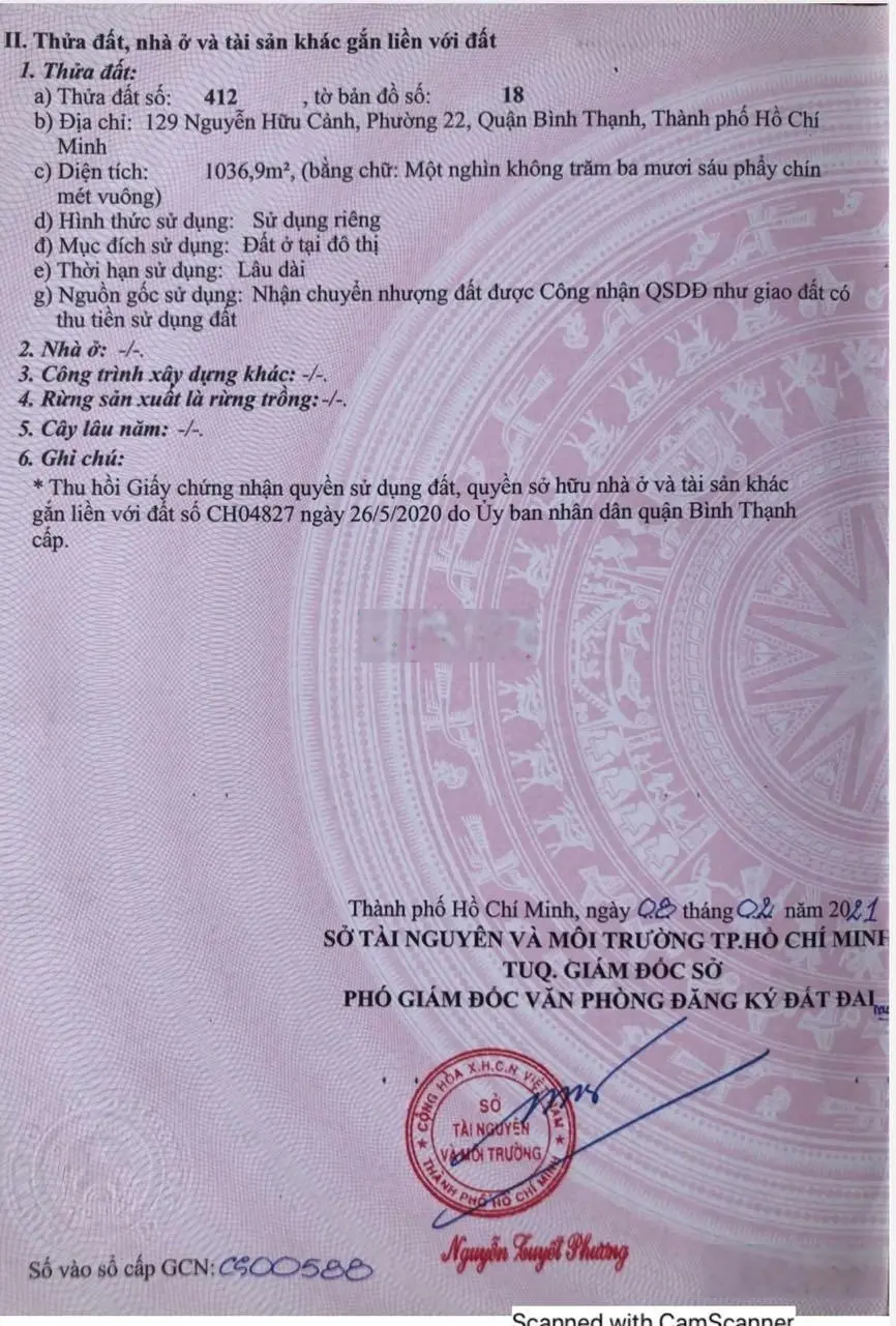 Bán nhà 129 Nguyễn Hữu Cảnh - DT: 19.1 x 36m. Nở hậu: 42m. CN: 1036.9m2 - giá bán: 430 tỷ
