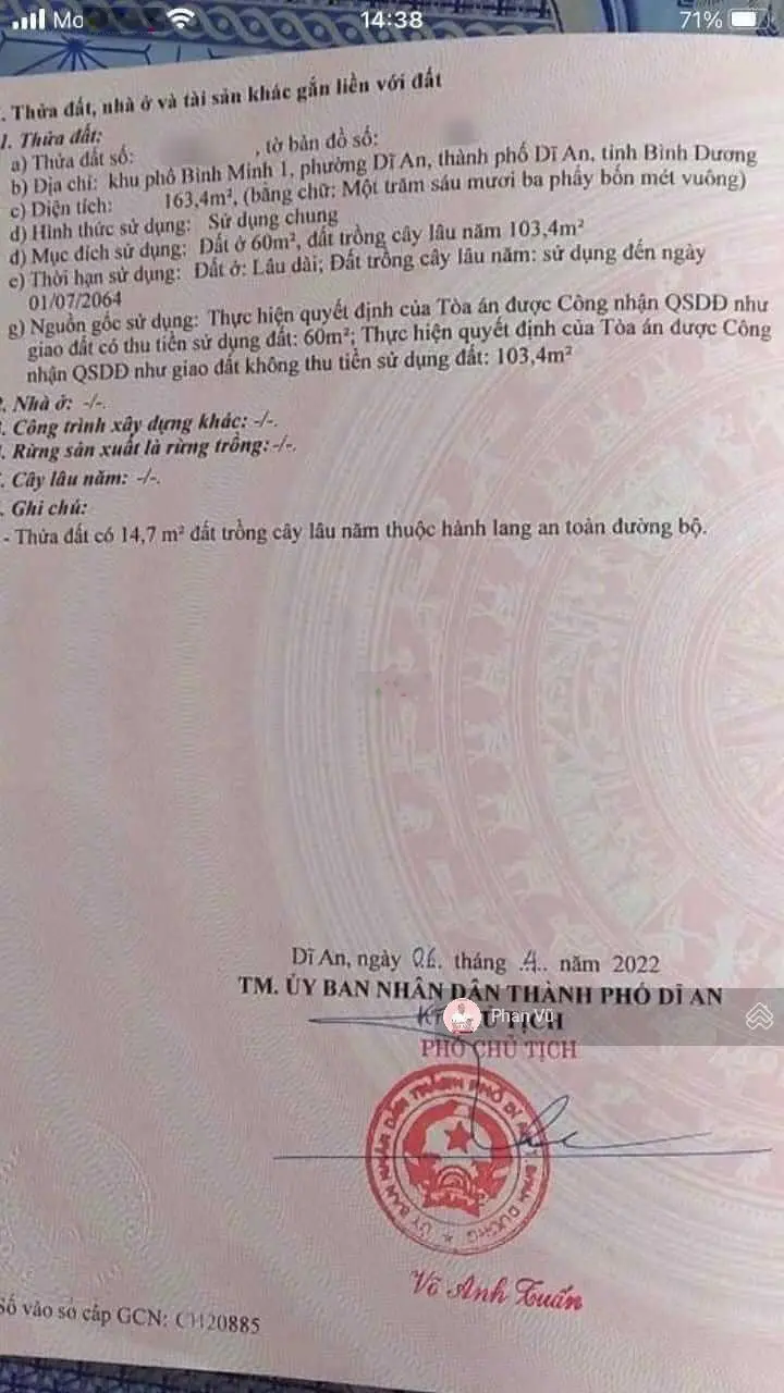 Lô đất 163.4m Đ. Tú Xương (ngay chợ Dĩ An 1). LH: 0909 290 ***