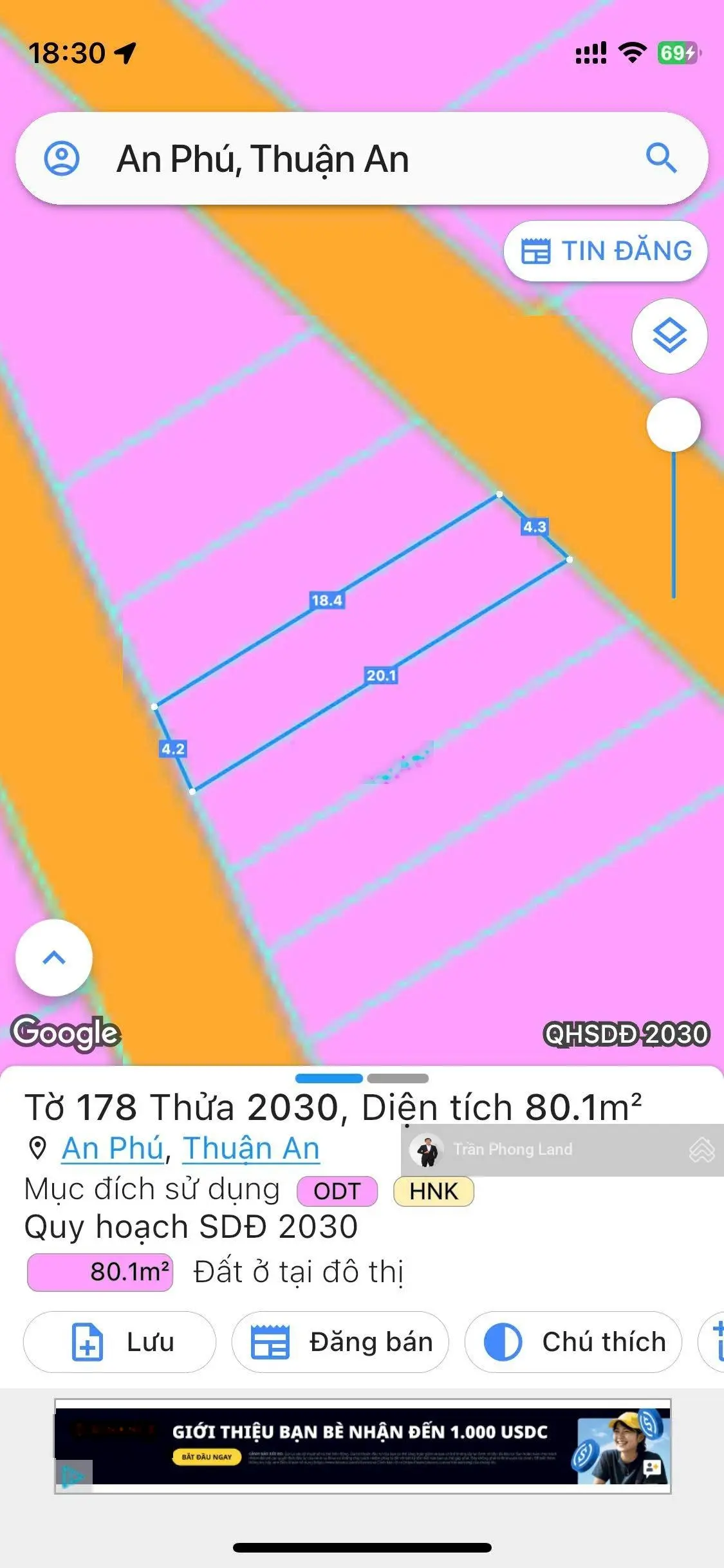 Chính chủ gửi bán lô đất 2 mặt tiền đường An Phú 25, TP. Thuận An, 4.2x20m, 80.1m2, 0908 140 ***
