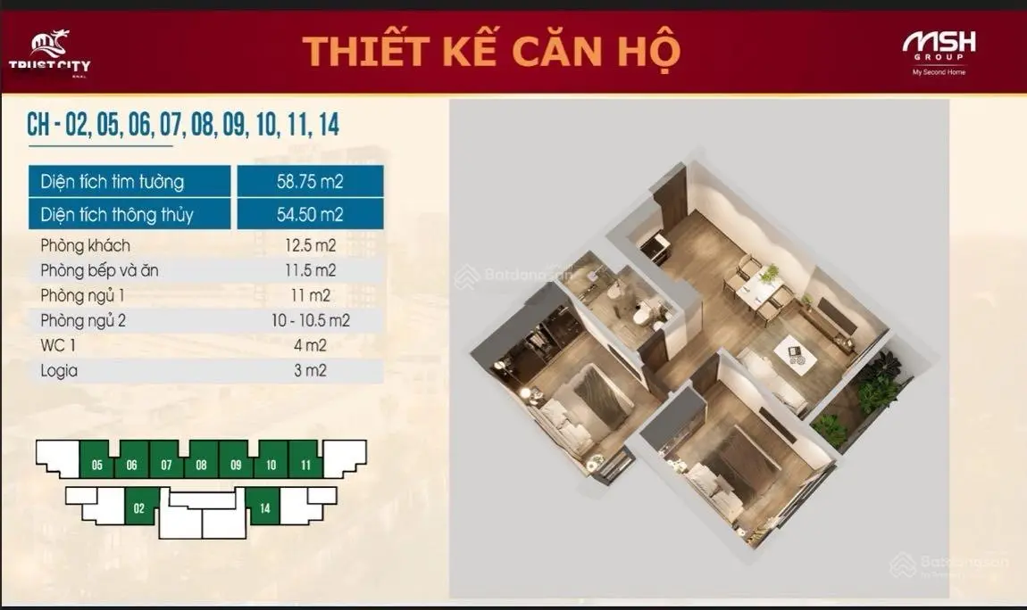 Căn góc ngoại giao 66,5m2 - 2PN - 2WC, ban công Đông Nam, cửa Tây Bắc