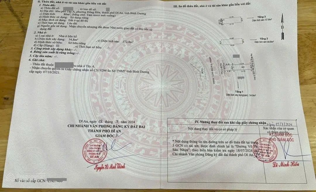 Bán nhà 1T 2L 4x20m hoàn công, mặt tiền Võ Thị Sáu p. Đông Hòa, thổ cư 100%