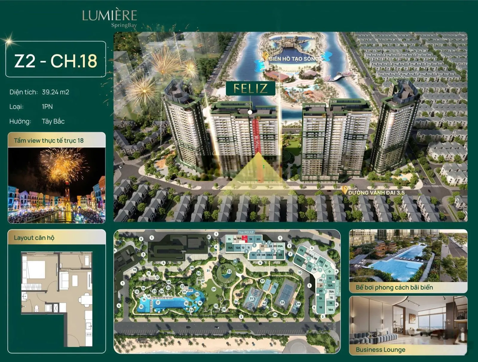 Bán căn 1PN 39,2m2 tầng trung view trọn pháo hoa Venice - LUMIÈRE SpringBay