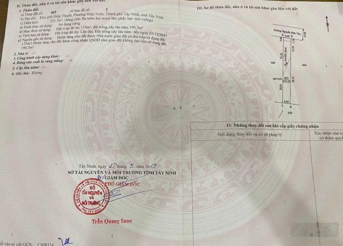 Bán đất 3,77 tỷ, diện tích 703m2 tại Nguyễn Hữu Thọ, Phường Hiệp Ninh. Sổ hồng, đất sạch