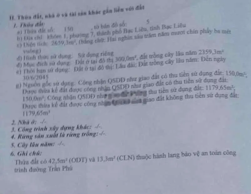 BÁN ĐẤT ĐẸP, 2 MẶT TIỀN ĐƯỜNG LỚN VÕ VĂN KIỆT- TRẦN PHÚ, TP BẠC LIÊU