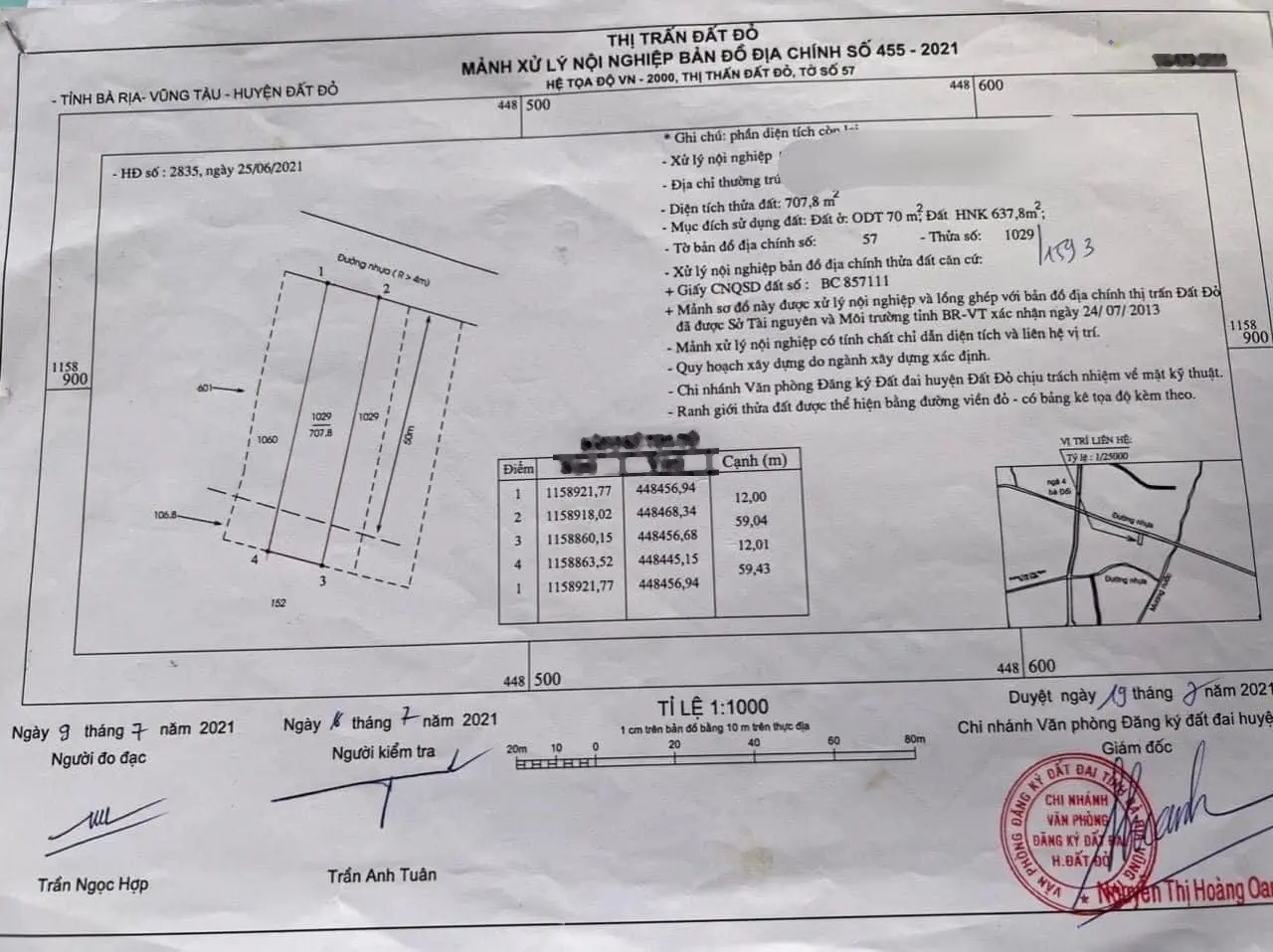 Đất mặt tiền Nguyễn Huệ thị trấn Đất Đỏ 707,8m2 quy hoạch 2 mặt tiền đường lớn