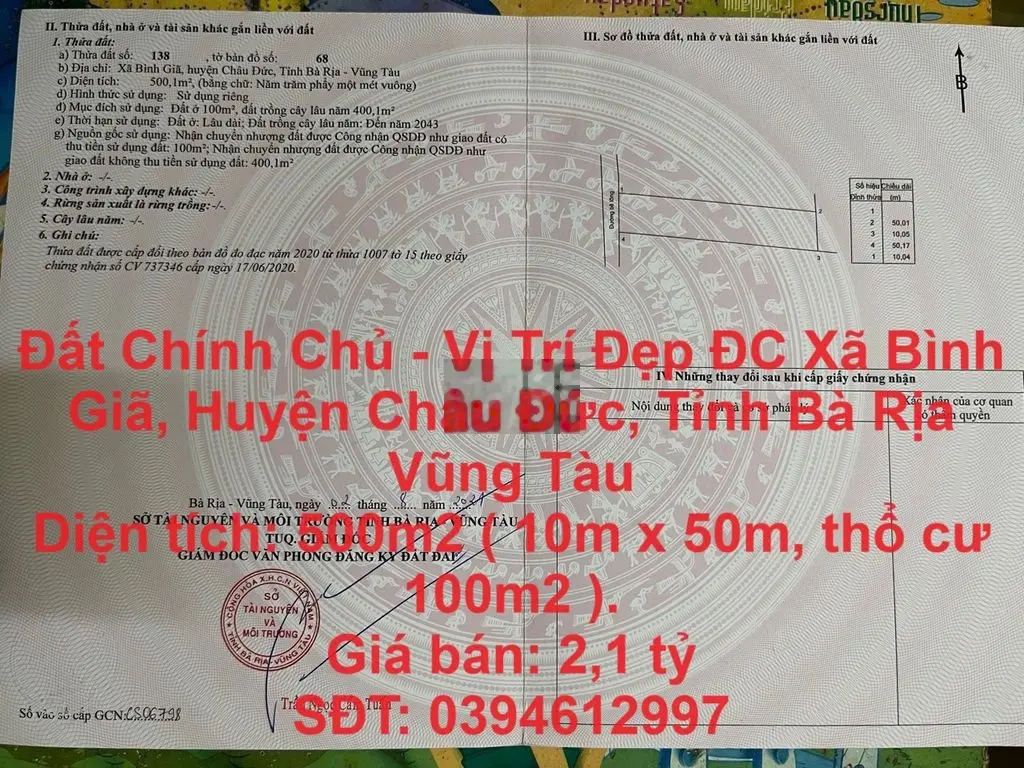 Đất Chính Chủ - Đẹp ĐC Xã Bình Giã, Huyện Châu Đức, Bà Rịa Vũng Tàu