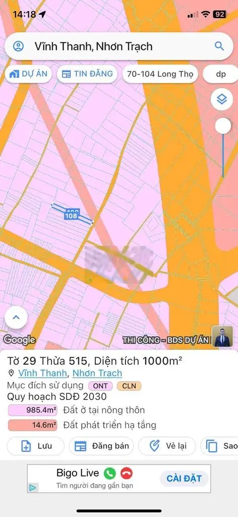 Chính chủ cần bán 1000m đất vĩnh thanh có sẳn 120m thổ giá cực tốt