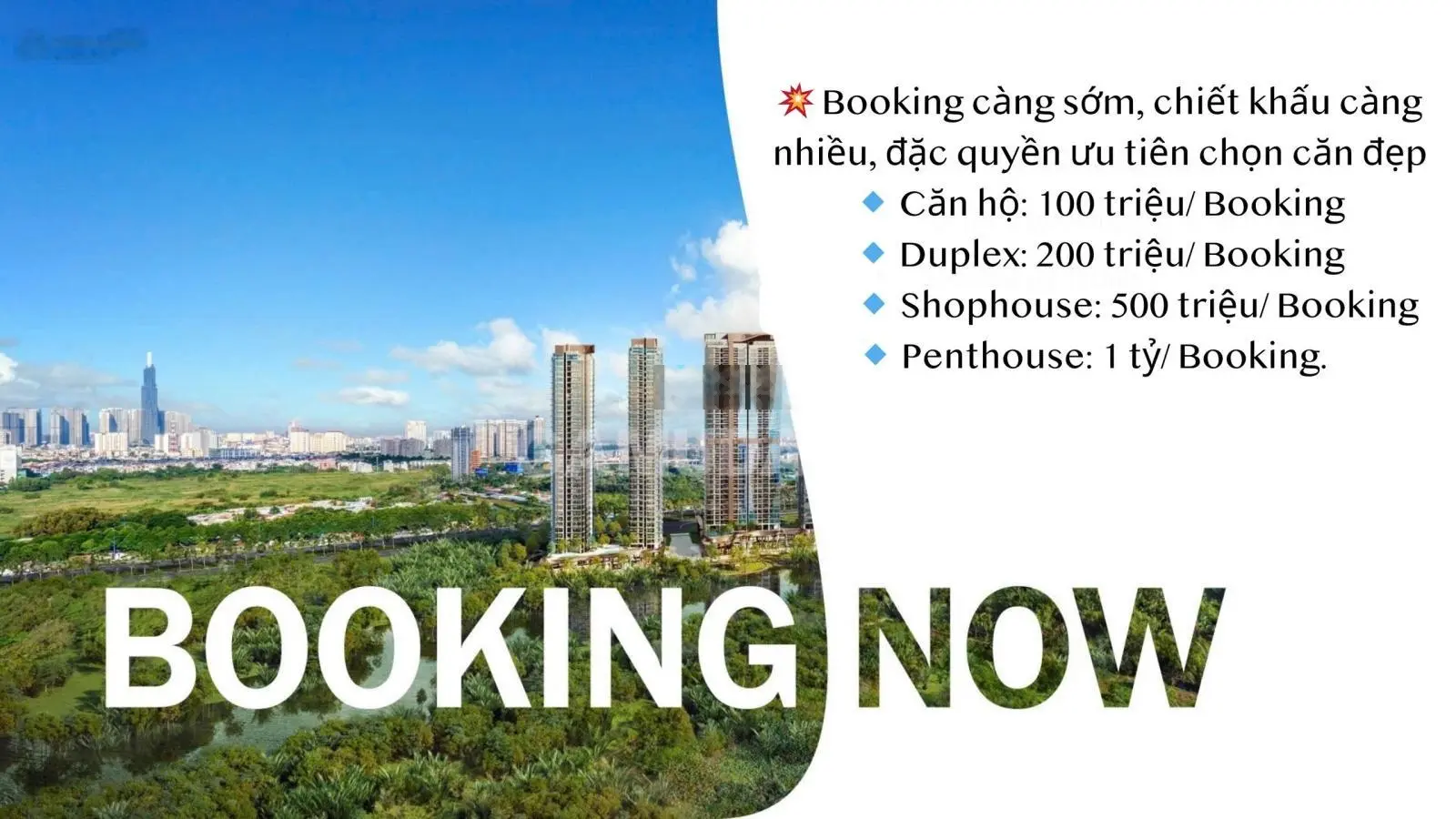 Booking sớm ưu tiên chọn căn đẹp. Lịch Thanh toán siêu giản: 5% kí HĐMB. Tổng TT 30% đến 2027