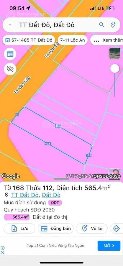 Bán đất mặt tiền đường Tạ Văn Sáu, Huyện Đất Đỏ 565,4m2 ngang 12x50m sẵn 100m2 thổ cư