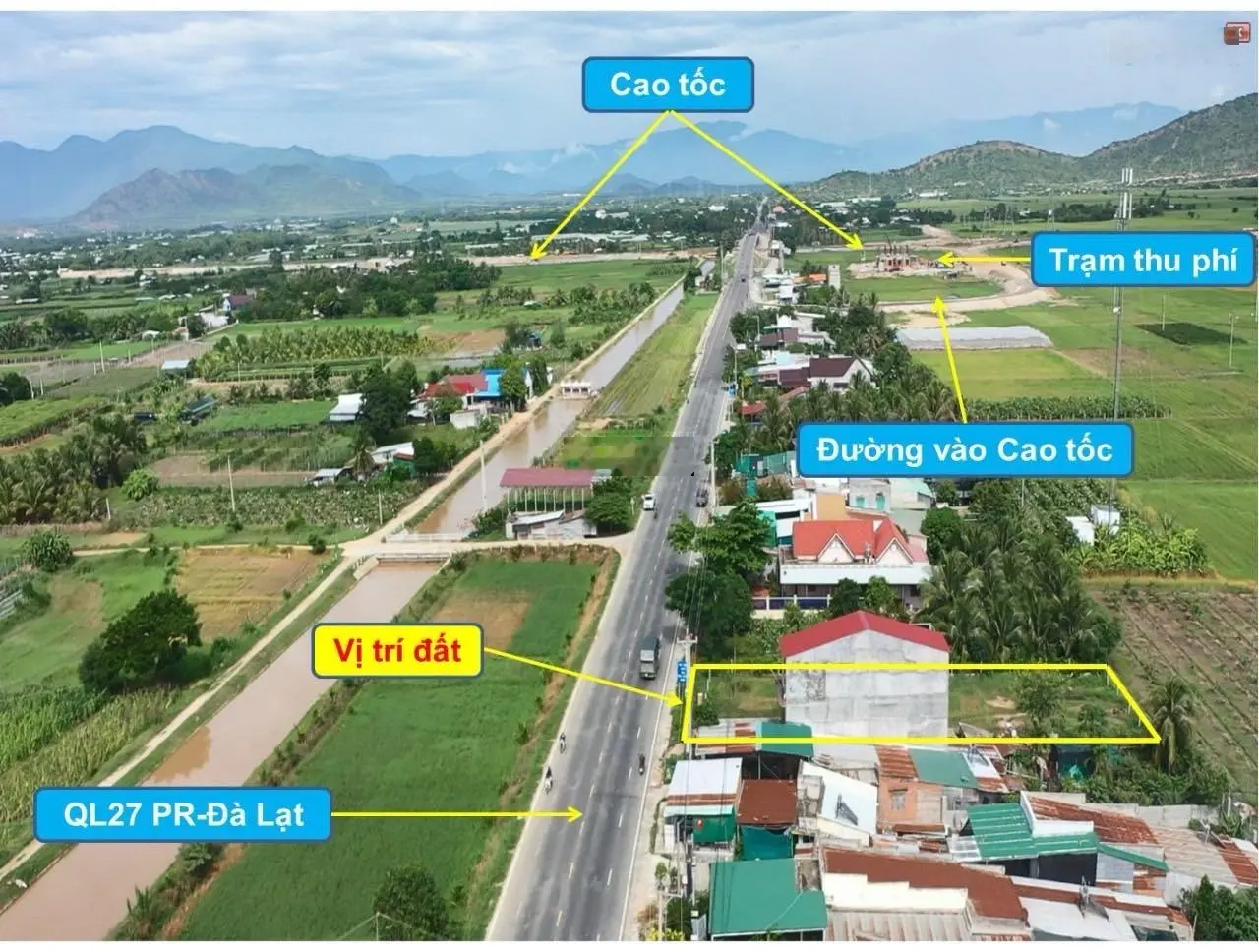 Nút giao cao tốc Cam Lâm Vĩnh Hảo. Mặt QL27A, 20x50m sân bay Thành Sơn 5km, QL1 6km, 12km tới biển