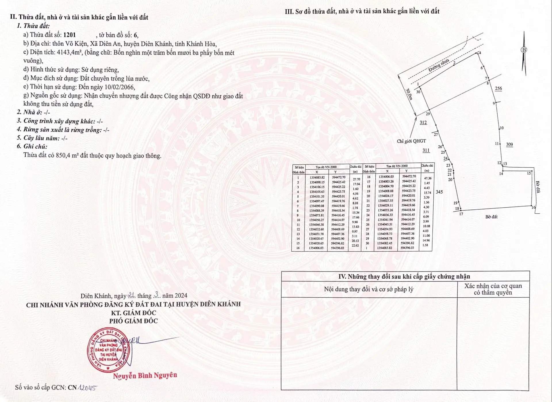 Bán đất: 4143m2 thôn Võ Kiện, xã Diên An, huyện Diên Khánh, tỉnh Khánh Hòa(sáp nhập về Nha Trang)