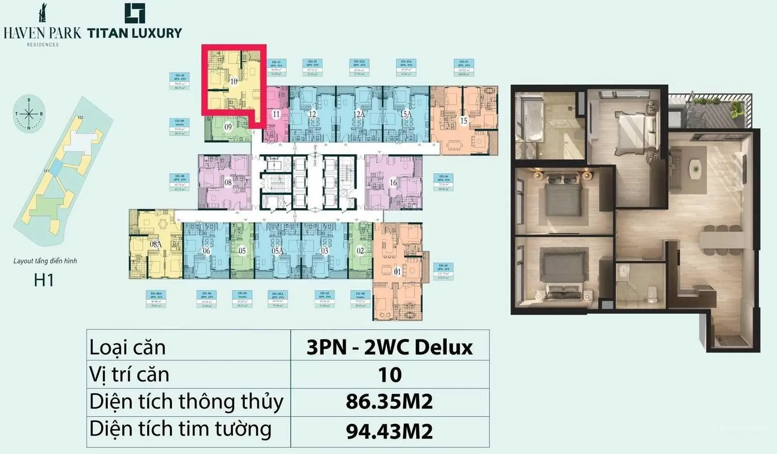 Bán căn 3PN 2WC Haven Park diện tích 86m2. Nhà full đồ đẹp, giá bán 4,1 tỷ bao phí, LH 0948 014 ***