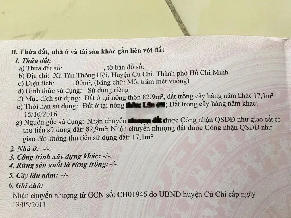 Bán gấp lô đất 100m2 giá 800 triệu đường Suối Lội Tân Thông Hội Củ Chi