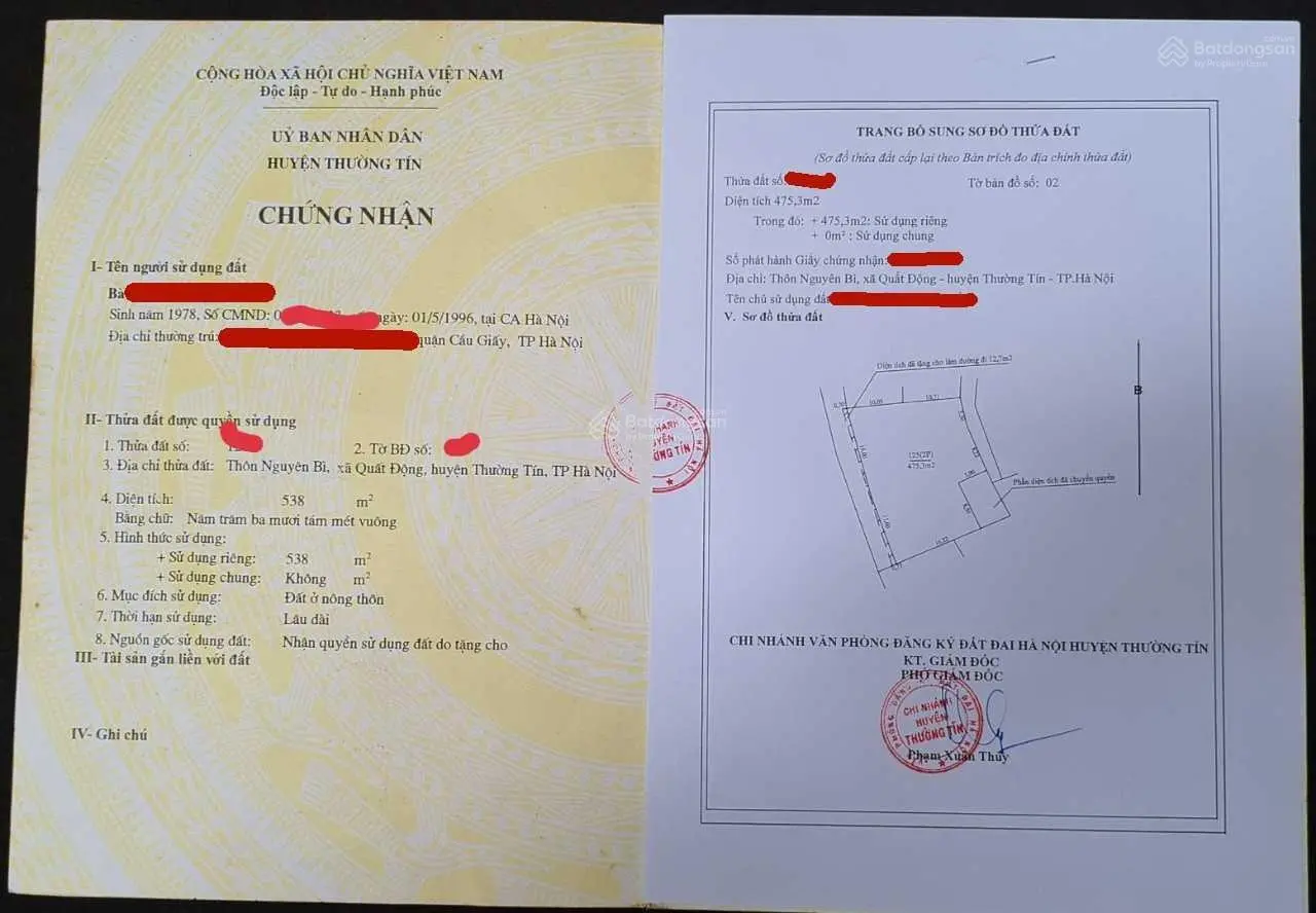 Bán đất thổ cư 525 m2 (full - 100%) tại thôn Nguyên Bì (Quất Động, Thường Tín)