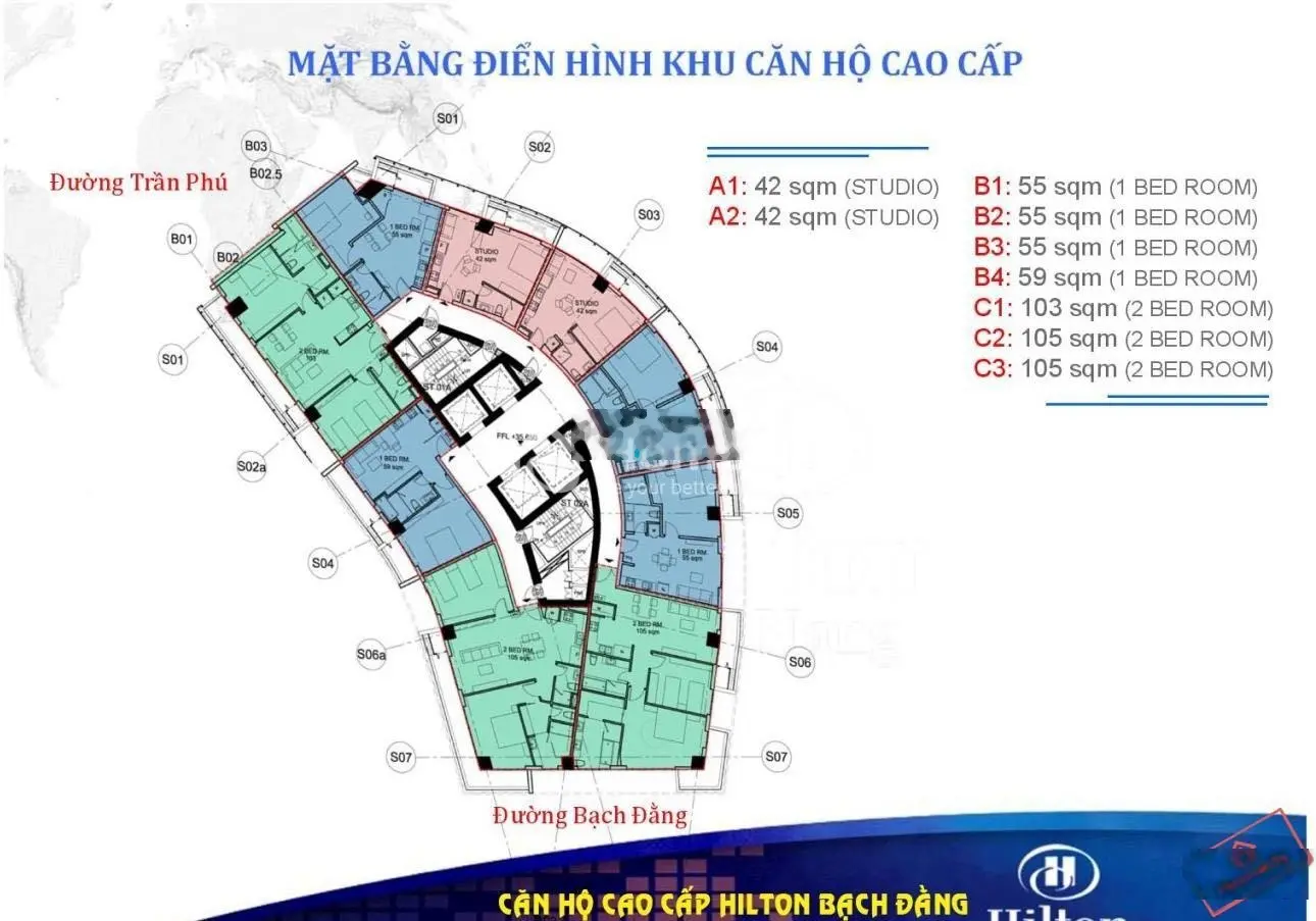 1 phòng ngủ 55m2, view sông Hàn, view pháo hoa cực đẹp căn hộ cao cấp 5* Hilton Bạch Đằng