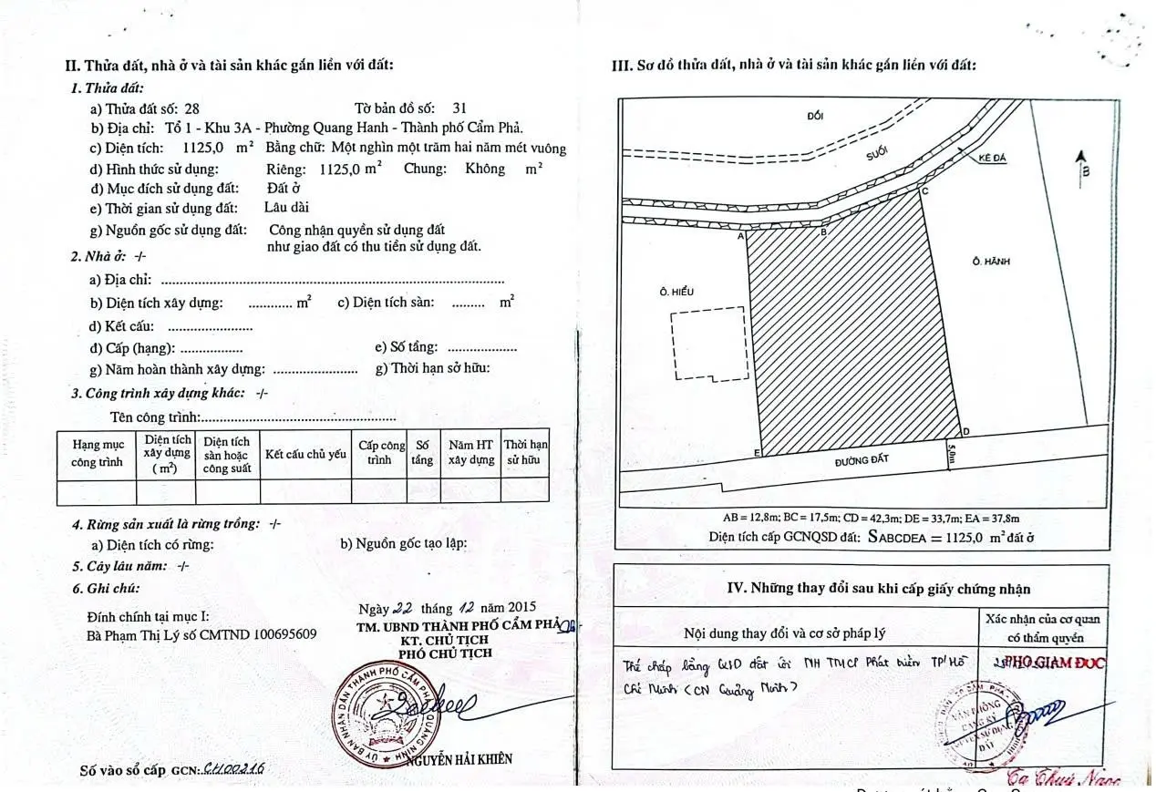 Đất tại Tổ 1, Khu 3A, Phường Quang Hanh, Tp Cẩm Phả, Tỉnh Quảng Ninh