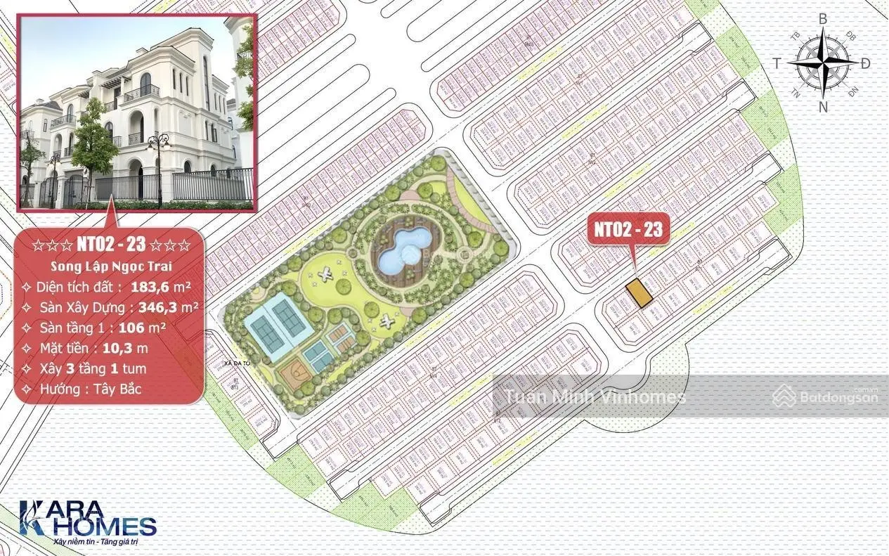 Căn biệt thự song lập Ngọc Trai - NT02, 183m2, hỗ trợ Vay 70%, lãi suất 6,5% trong 2 năm đầu