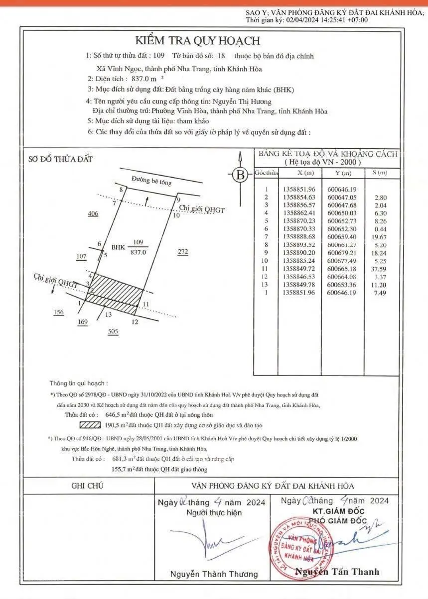Bán đất giá rẻ đường Mai Thị Dõng, Hòn Nghê, Vĩnh Ngọc, Nha Trang, DT 837m2 (ngang 18m) - Giá: 7 tỷ
