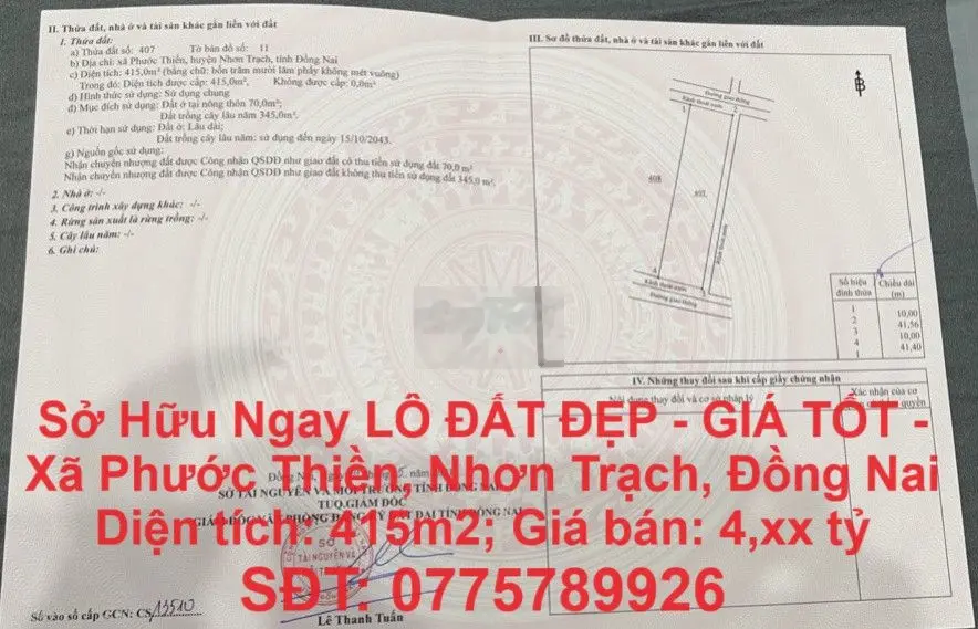 Sở Hữu Ngay LÔ ĐẤT ĐẸP - GIÁ TỐT - Xã Phước Thiền, Nhơn Trạch,Đồng Nai