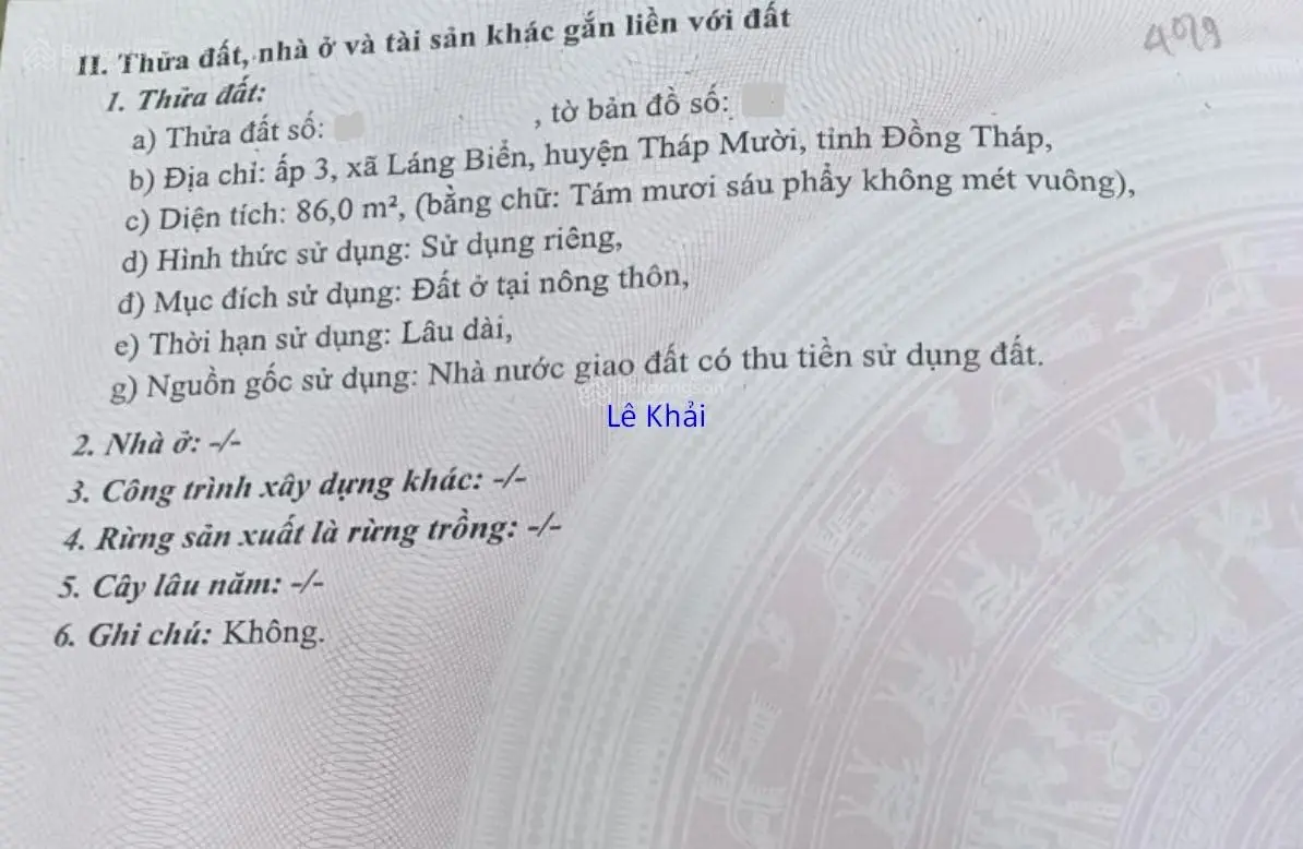 Bán nền 86m2 (4.78m x 18m, thổ 100%) KDC Chợ Láng Biển, H Tháp Mười