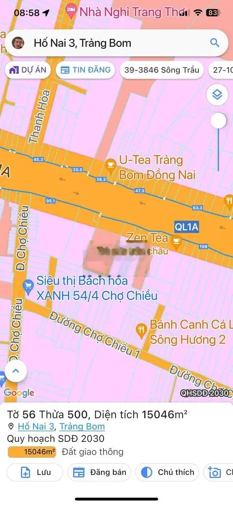 Đất sổ r thổ cư 198m2, mt ql1a,đối diện vietcombank hố nai 3,trảng bom