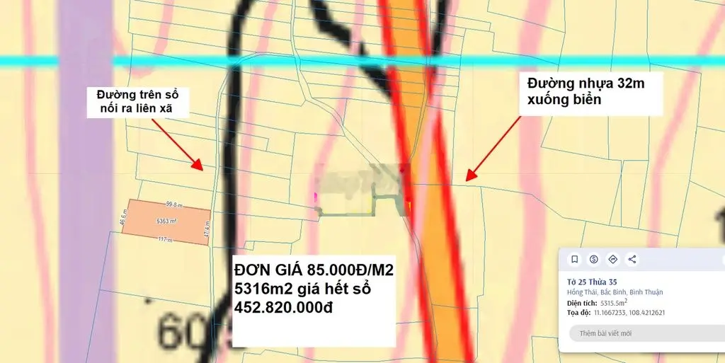 Hàng ngộp 85k/m2 ngay đường nhựa 32m xuống biển Hoà Thắng, Sổ riêng