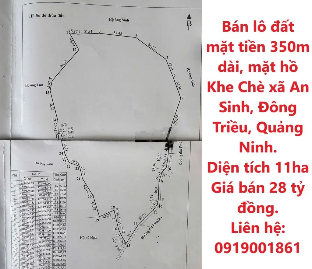 Đất mặt tiền 350m dài, mặt hồ Khe Chè xã An Sinh,Đông Triều,Quảng Ninh
