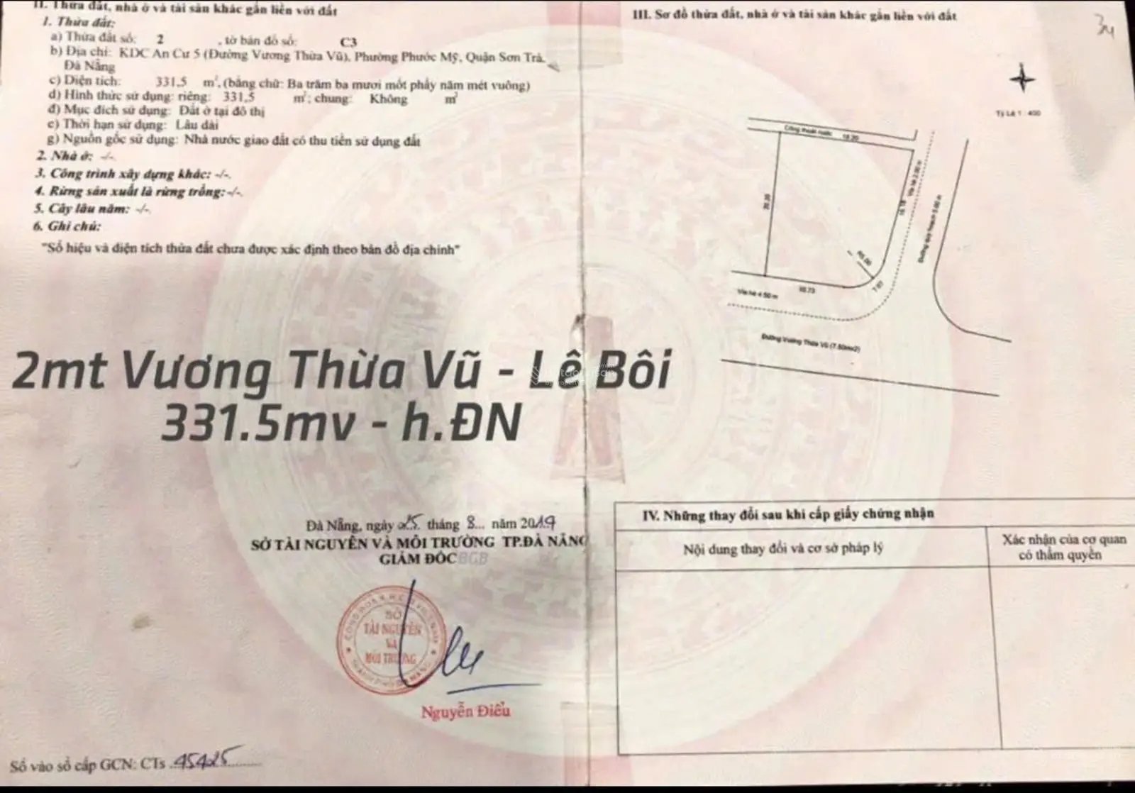 Bán lô góc 2MT đẹp 331.5m2 Vương Thừa Vũ - Lê Bôi - ngay sát bãi tắm Biển Mỹ Khê - đất xây cao tầng