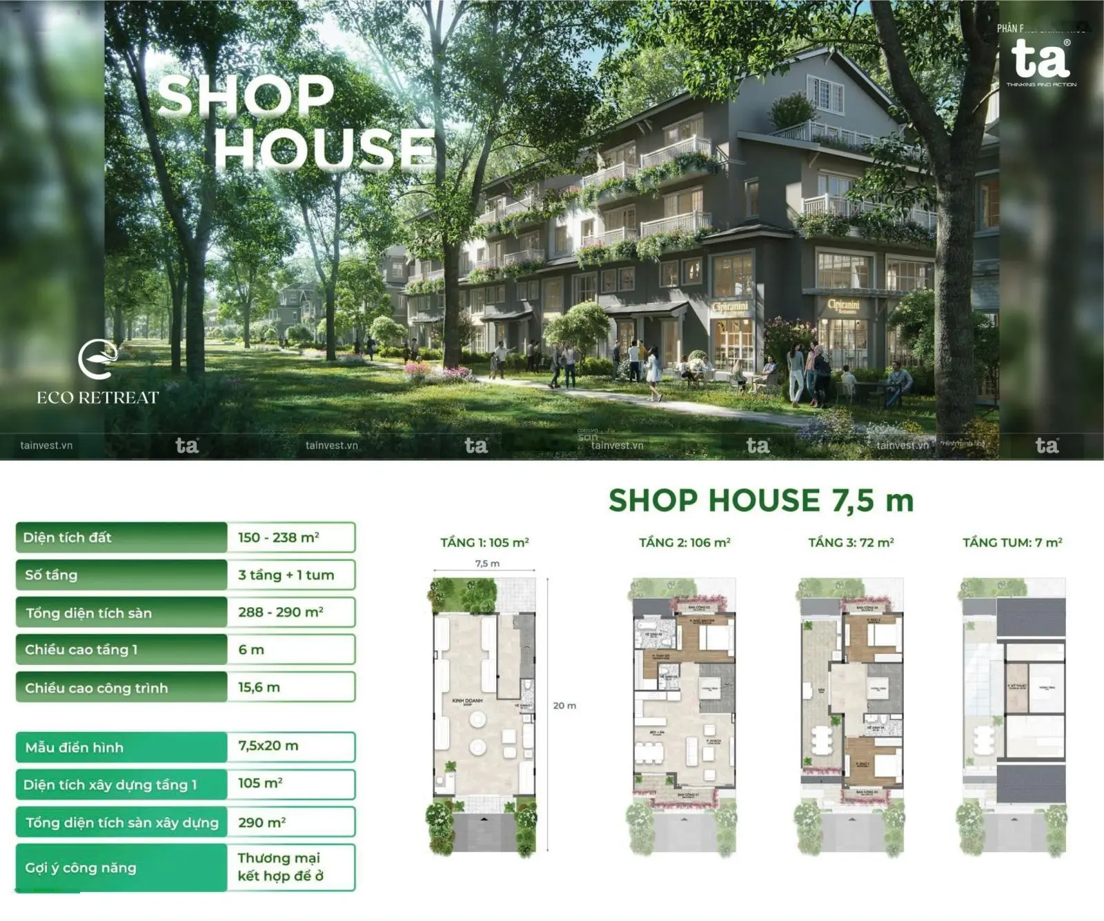 Mở bán giai đoạn 1 khu sinh thái độc bản ecoretreat - nhà phố 6x20 3 lầu - booking hoàn có hoàn lại