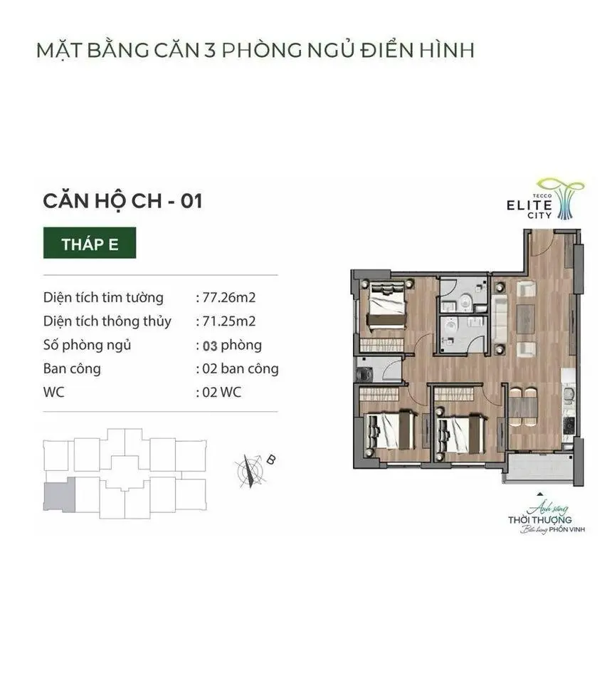 Căn hộ chung cư 3PN DT 82m2 giá 1,6 tỷ VND tại Tecco Elite City, Thái Nguyên