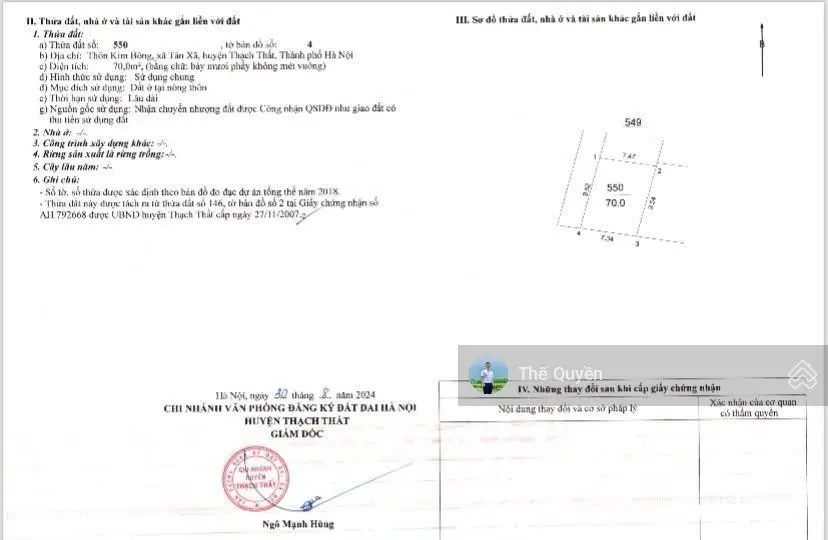 Bán đất giá 2,3 tỷ VND tại Thôn 8, Xã Tân Xã, Thạch Thất, Hà Nội