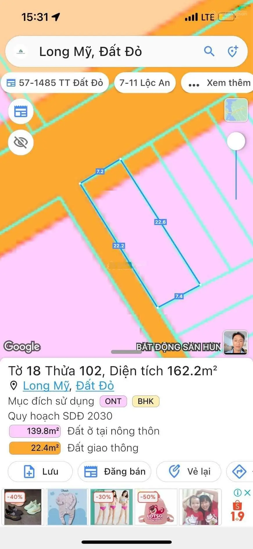 Góc 2 mặt tiền ngay Tỉnh Lộ 44B vô 500m; Long Mỹ - Đất Đỏ - BRVT DT 162m2 giá 1tỷ55
