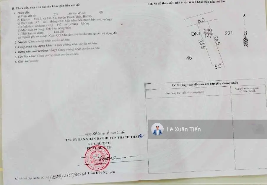Bán lô đất diện tích 147m2 mặt tiền 6m, full thổ, trục chính rải nhựa ở Tân Xã, Thạch Thất