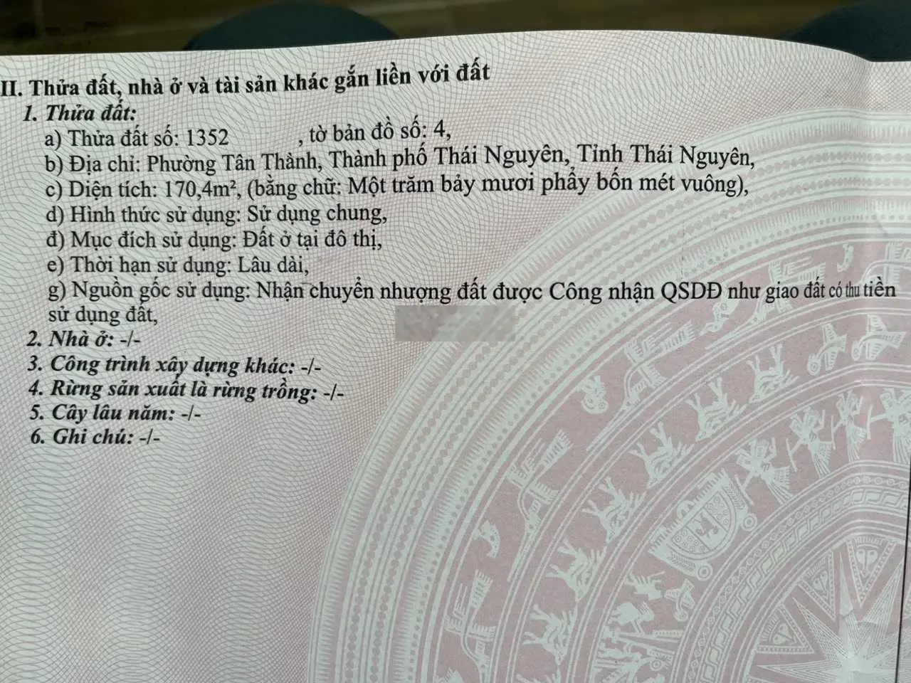 Bán nhà 3 tầng thuộc Phường Tân Thành TP Thái Nguyên. Tổng dt: 170m2 full thổ cư