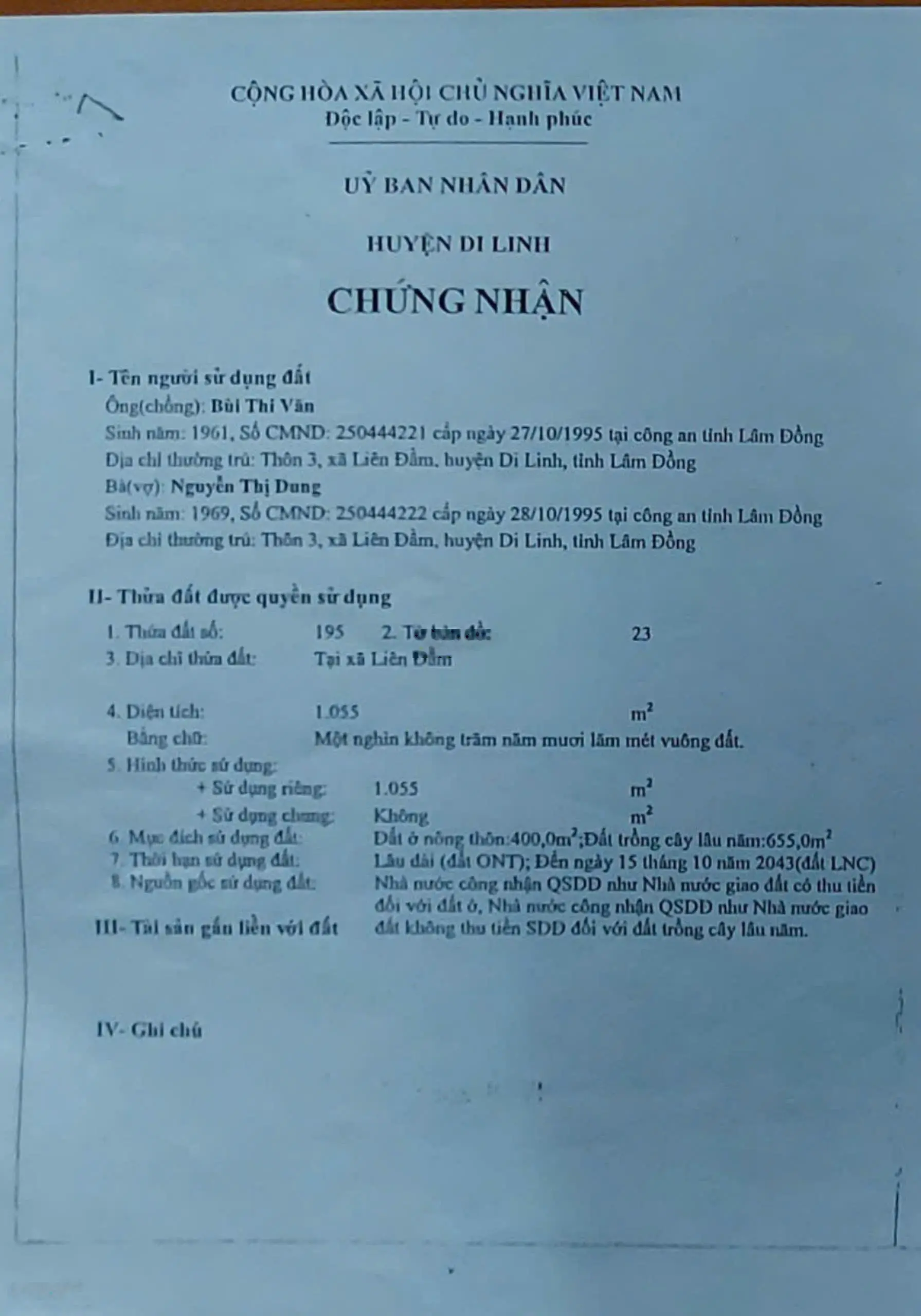 Bán lô đất Di Linh Lâm Đồng. DT 1055m2 có 400 thổ cư.