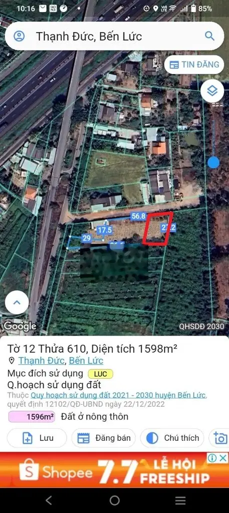 Đất thổ cư 300m2 xã Thạnh Đức