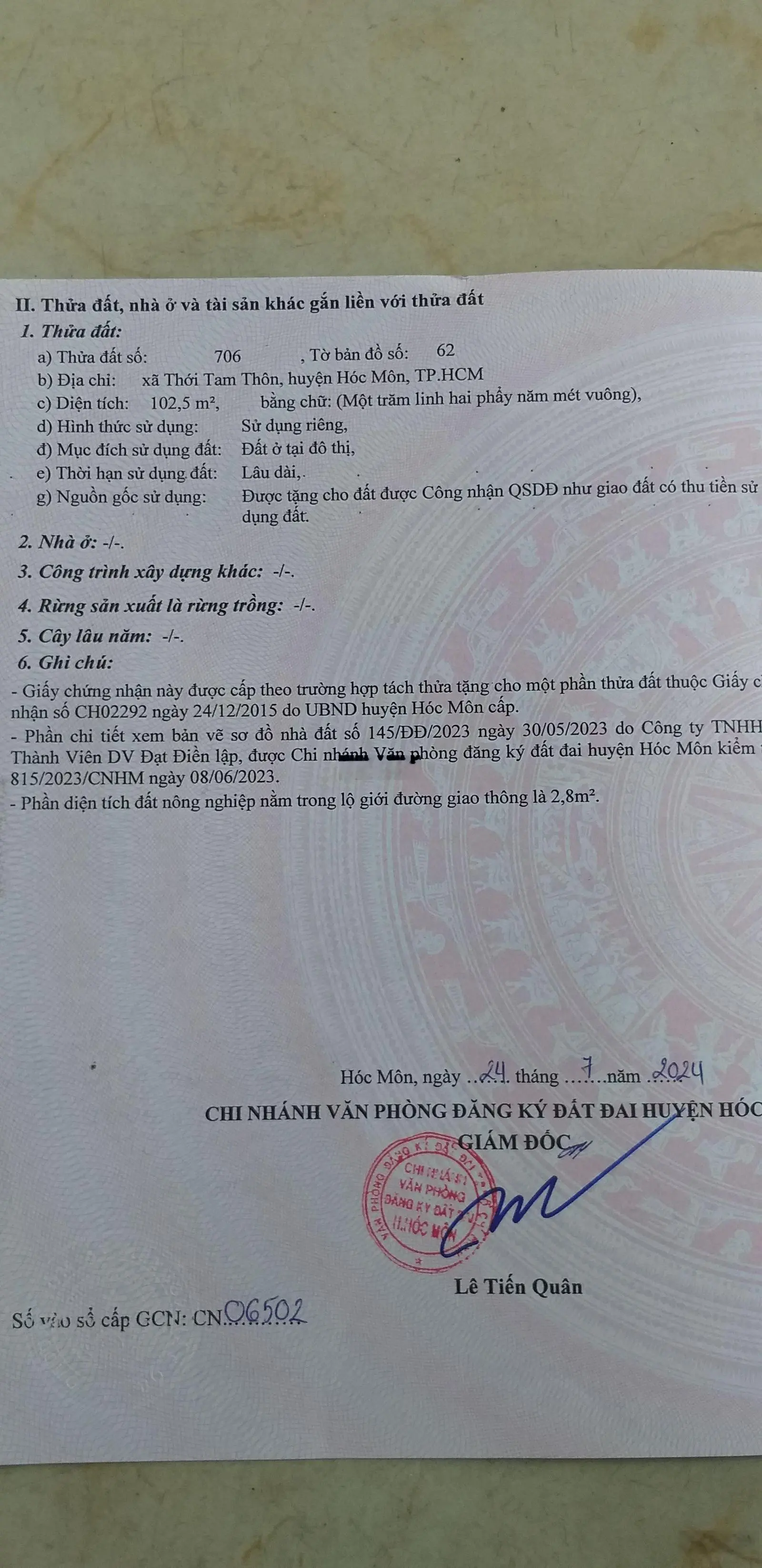 Bán đất Tô Ký vào 50m thông qua Phạm Thi Dây bên hông trươgg Nguyễn Thị Nuôi xã Thới Tam Thôn Hóc