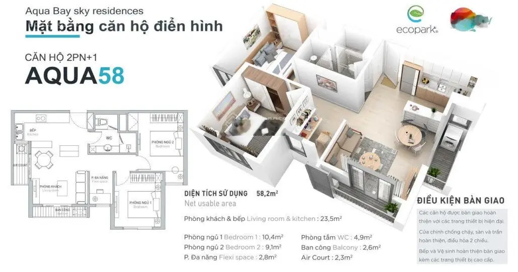 Bán căn hộ 2 phòng ngủ - view học viện Golf - chung cư Aquabay Ecopark - Giá chỉ 2.x tỷ