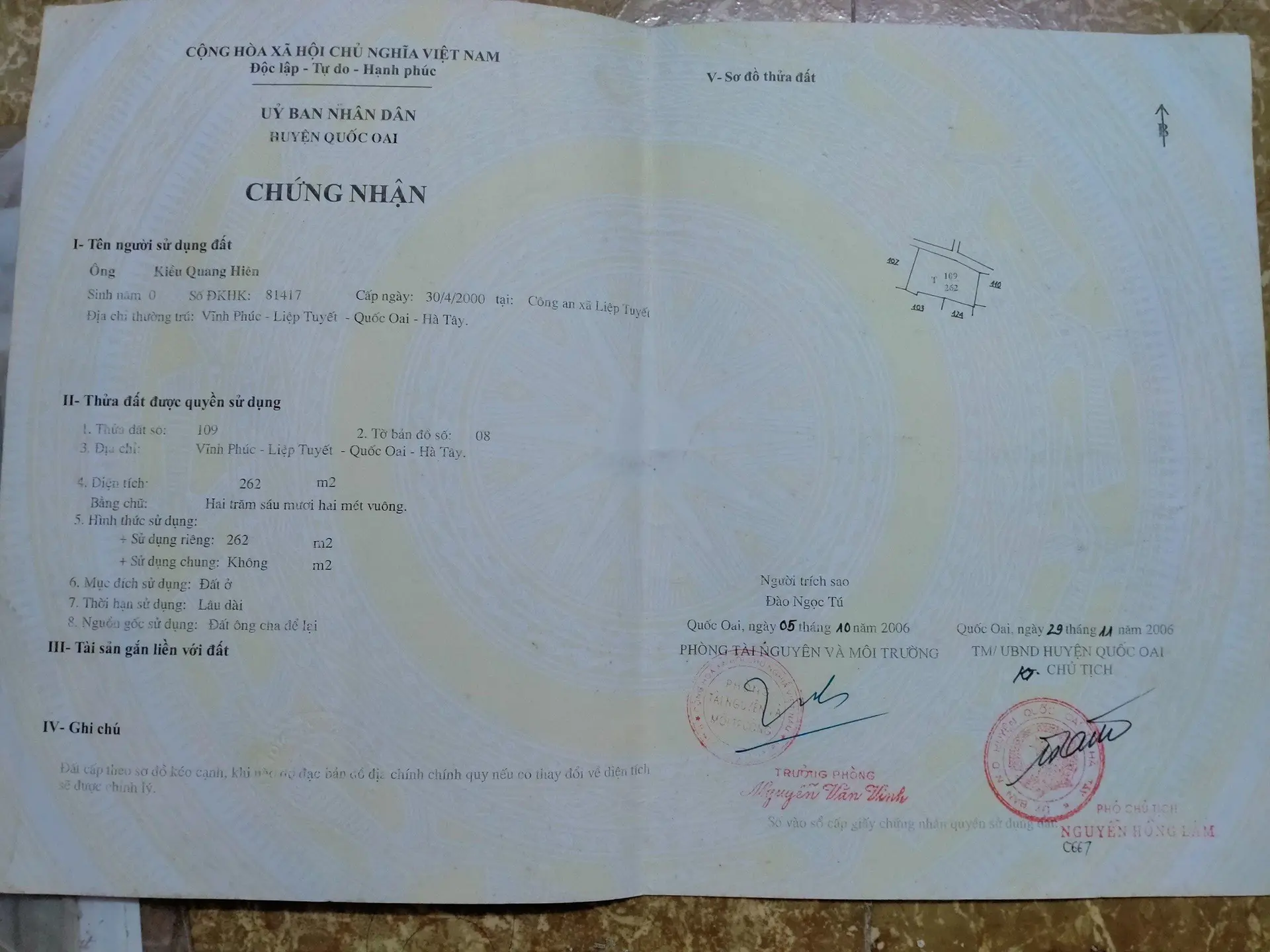 Chính chủ bán lô đất có sẵn nhà cấp 4 tại thôn Vĩnh Phúc, huyện Quốc Oai, Hà Nội