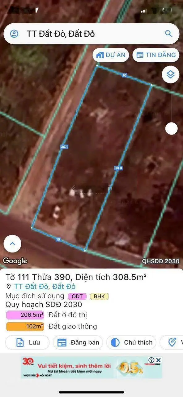 Chính chủ gửi bán lô đất mặt tiền đường Lê Thánh Tông thị trấn Đất Đỏ BRVT DT 308m2 10x30m TC 60m2