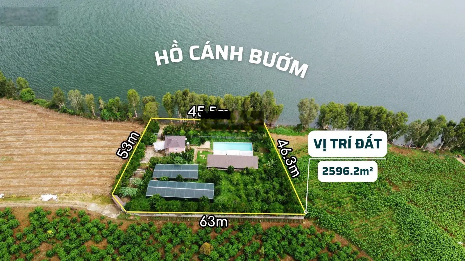 Đất đẹp hồ Cánh Bướm, có sẵn nhà vườn, bể bơi, cafe, camping, DT 2596.2m2 tiếp giáp mặt hồ 45m