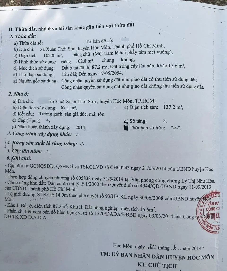 Mặt tiền đường nhựa Xã Xuân Thới Sơn,Bán nhà 2 tầng,DT: 5 x 19 (nở hậu: 5,72m - CN: 102,8m2)
