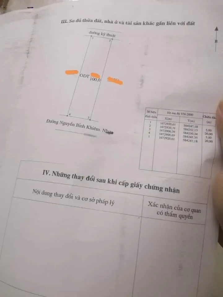 Mặt tiền đường Nguyễn Bỉnh Khiêm, diện tích 5x20=100m2, khu Cán bộ tỉnh, An Ninh, dân trí cao.