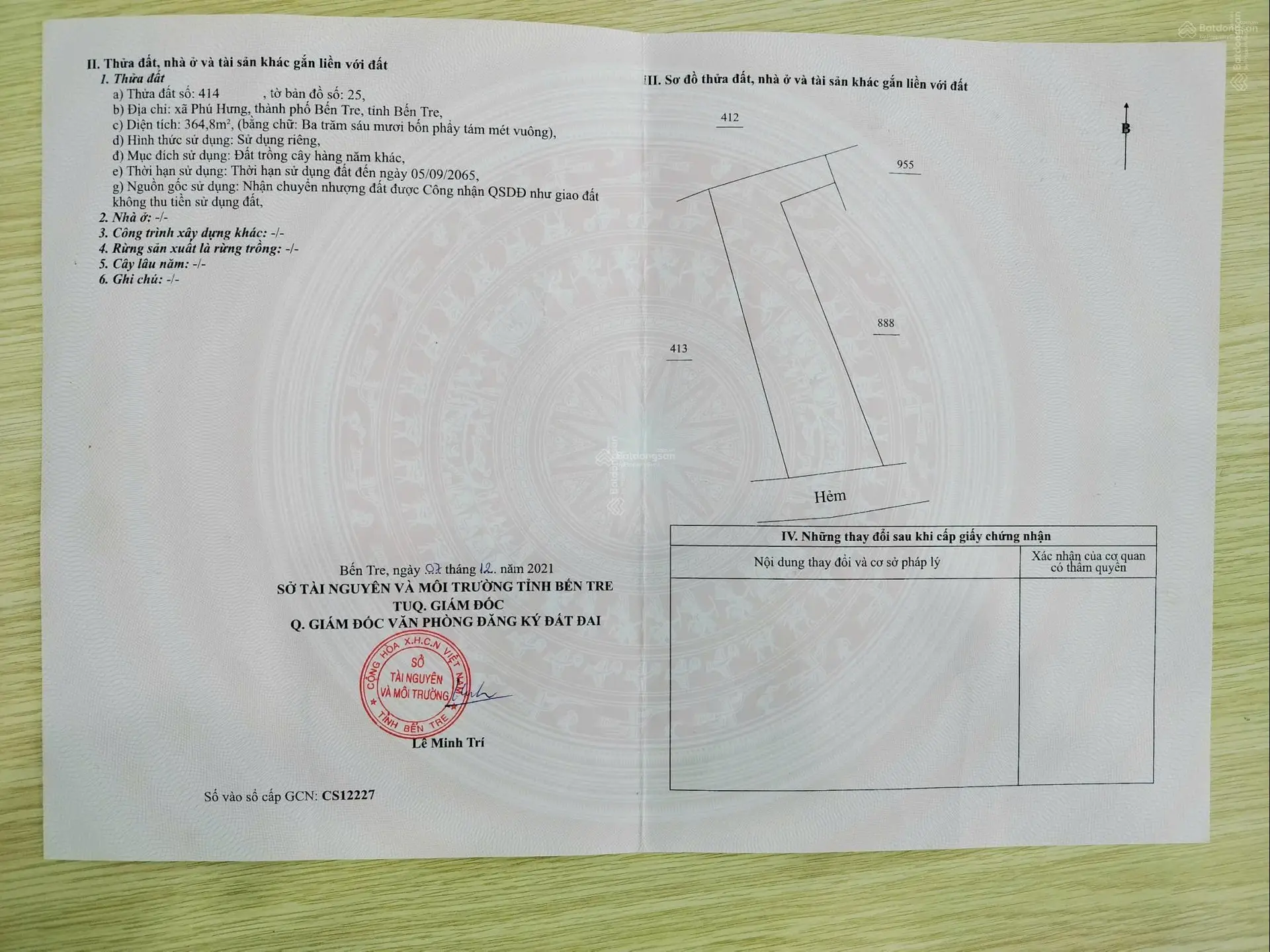 Bán nền 364.8m2 mặt tiền lộ nhựa, tặng căn nhà thô có số nhà, xã Phú Hưng, Tỉnh Bến Tre