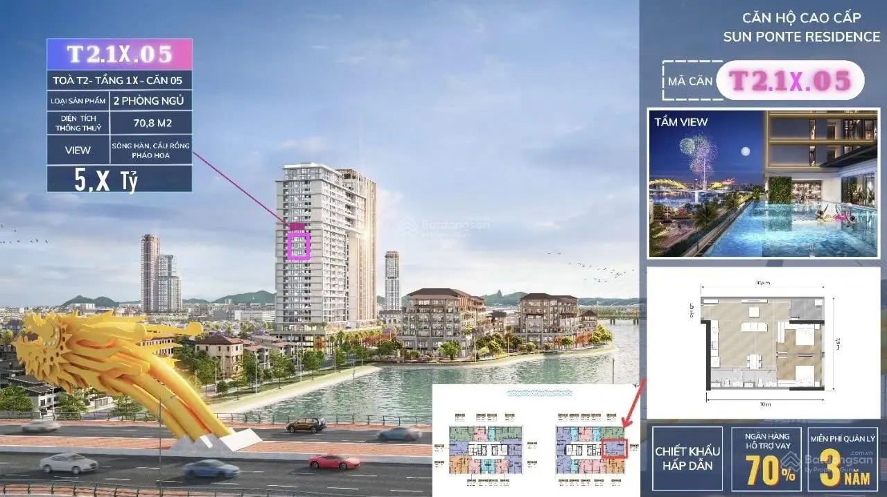 Bán căn hộ 2 PN nằm ngay cầu Rồng, suất ngoại giao rẻ hơn thị trường 680 triệu, view sông Hàn, DIFF