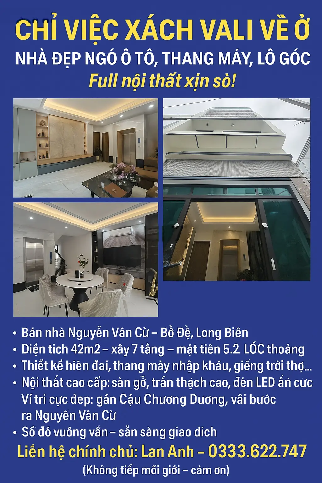 Bán nhà mới xây 7 tầng thang máy lô góc full nội thất ngõ nguyễn văn cừ bồ đề 42m mt 5,2m