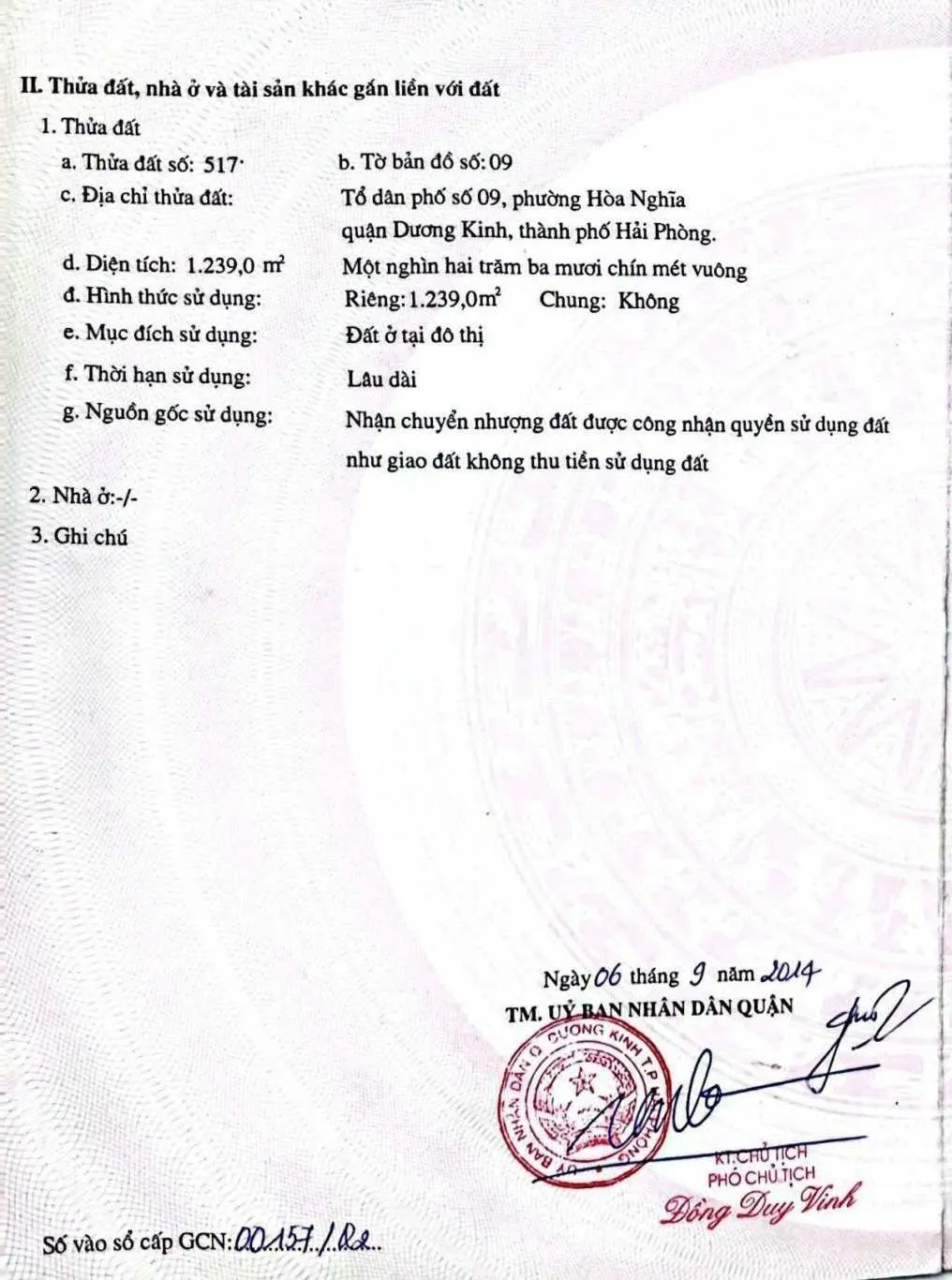 Bán mảnh đất tại Hòa Nghĩa, Dương Kinh, Hải Phòng. Diện tích 1239m2, giá thương lượng