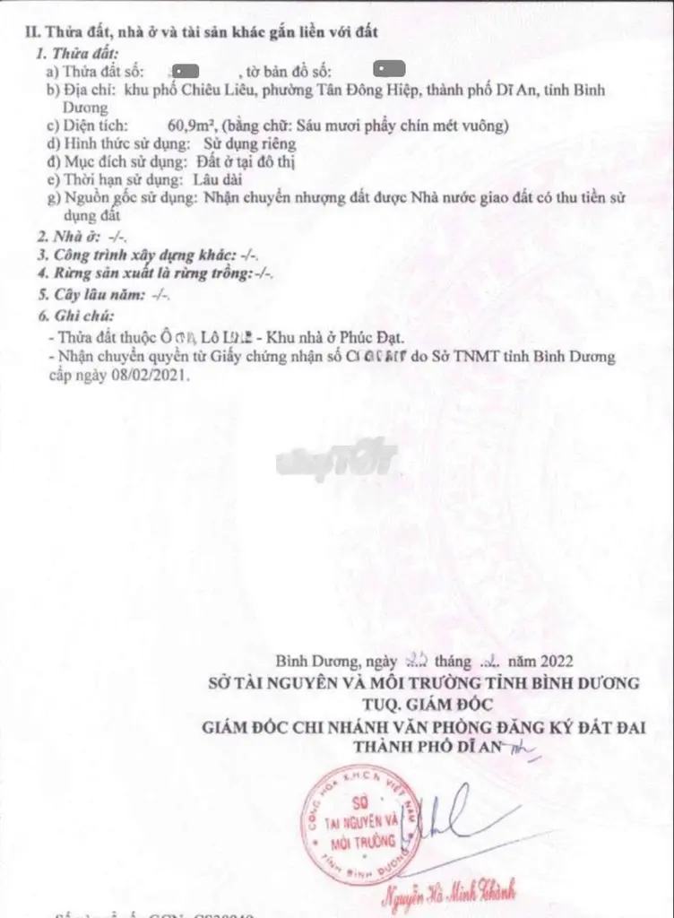 Bán đất 60.9m2 KDC Phúc Đạt p.Tân Đông Hiệp Tp.Dĩ An