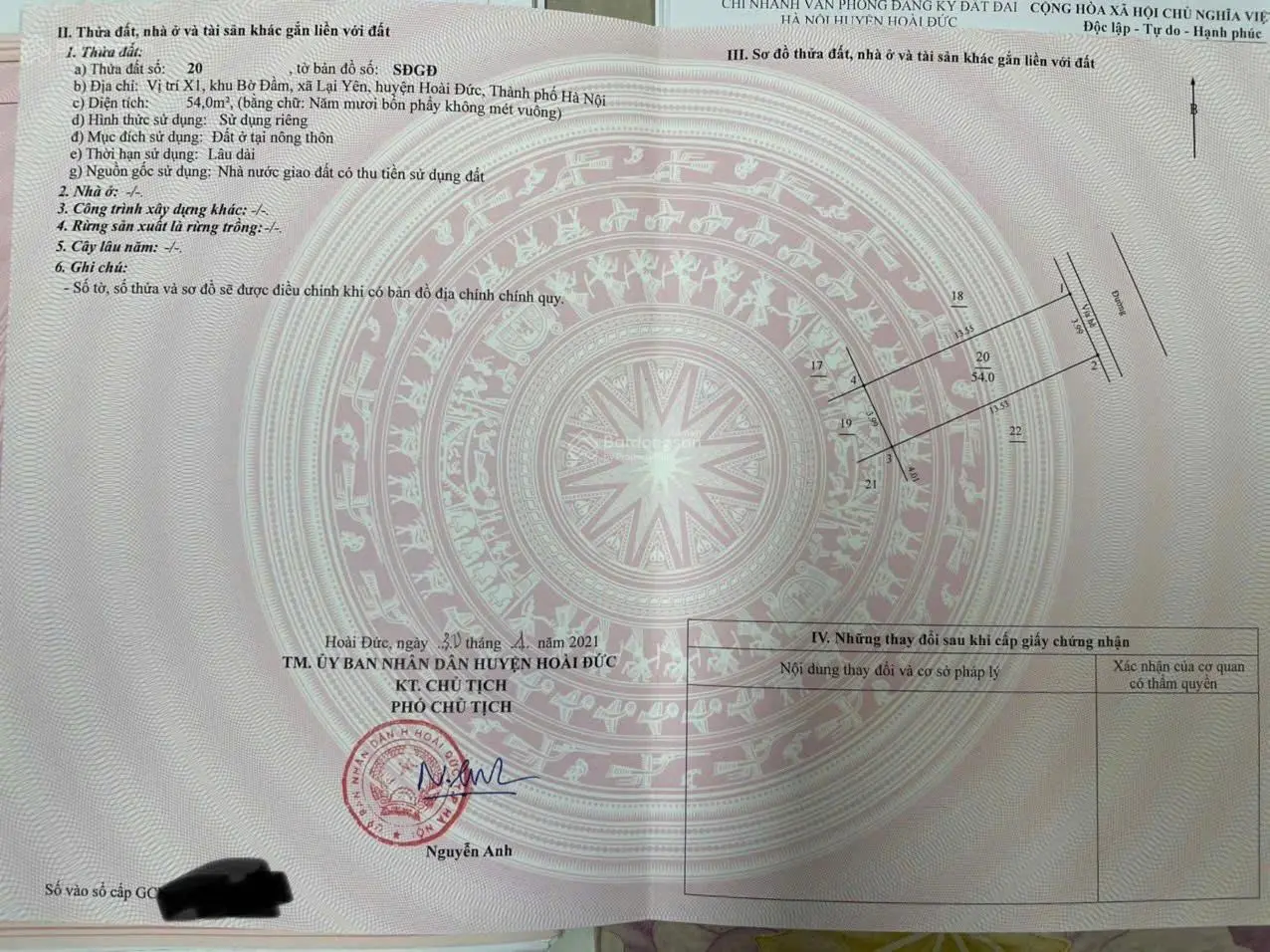 Bán 54m MT gần 4m đất đấu giá X1 xã Lại Yên. Đường oto thông, gần Hồ thoáng mát. Sổ đỏ chính chủ.